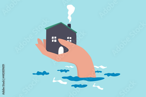 House insurance protection from disaster, safety and rescue from storm and flood, home care concept, big human hand helping house above flood water level protect from damage.
