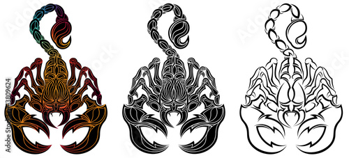 Three variants of the tattoo of a mythical abstract scorpion. Silhouettes of a scorpion. Scorpio. Set of 3 illustrations of a scorpion. Vector illustration.