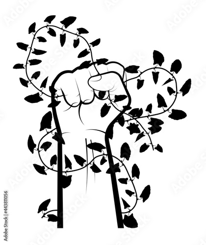 strong male hand of gardener has pulled out and is holding weed of climbing plant. Control of weeds, plants, parasites and pests. Black and white vector