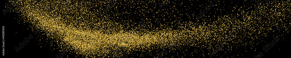 Golden Explosion Of Confetti. Gold Glitter Texture Isolated On Black. Panoramic Background. Wide Horizontal Long Banner For Site. Celebratory Background. Vector Illustration, Eps 10.