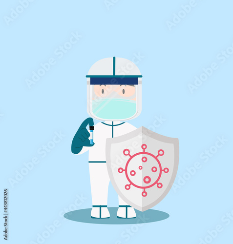 Doctor wearing PPE Costume With vaccine and shield
