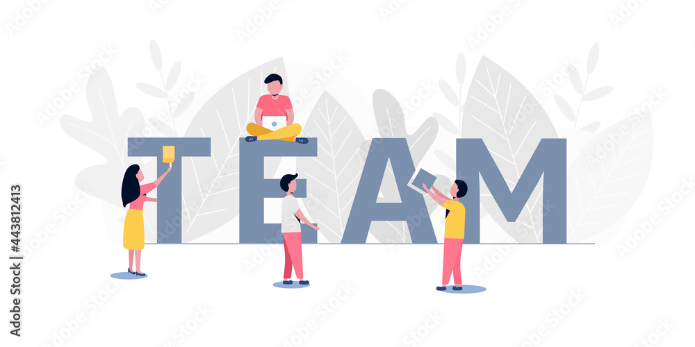 Teamwork. People working together. Business concept. Vector illustration in flat cartoon style. Isolated on white background.