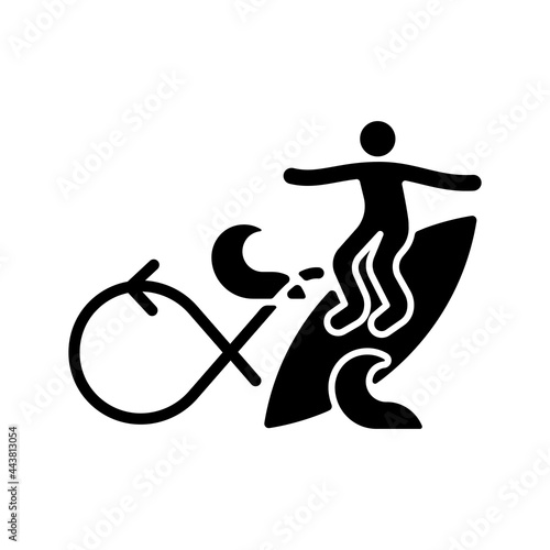 Performing roundhouse cutback in surfing black glyph icon. Turning board in opposite wave motion direction. Advanced surfing manoeuvre. Silhouette symbol on white space. Vector isolated illustration