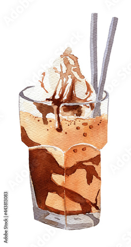 Watercolor illustration of delicious coffee in a glass beaker with whipped cream