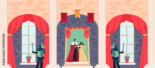 Cartoon king and queen inside medieval castle. Knights or guards protecting royals, palace interior flat vector illustration. Monarchy, fairytale concept for banner, website design or landing page