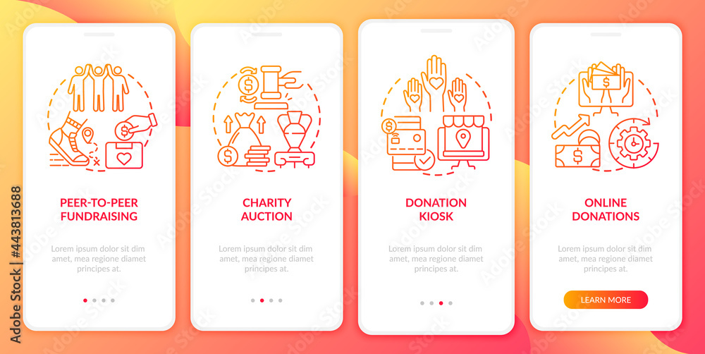 Raising money event ideas onboarding mobile app page screen. Donation kiosk walkthrough 4 steps graphic instructions with concepts. UI, UX, GUI vector template with linear color illustrations