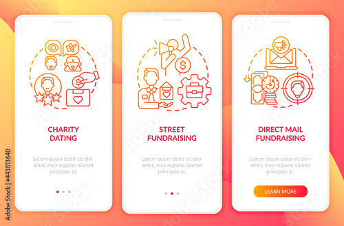 Philanthropic activities onboarding mobile app page screen. Direct mail fundraising walkthrough 3 steps graphic instructions with concepts. UI, UX, GUI vector template with linear color illustrations