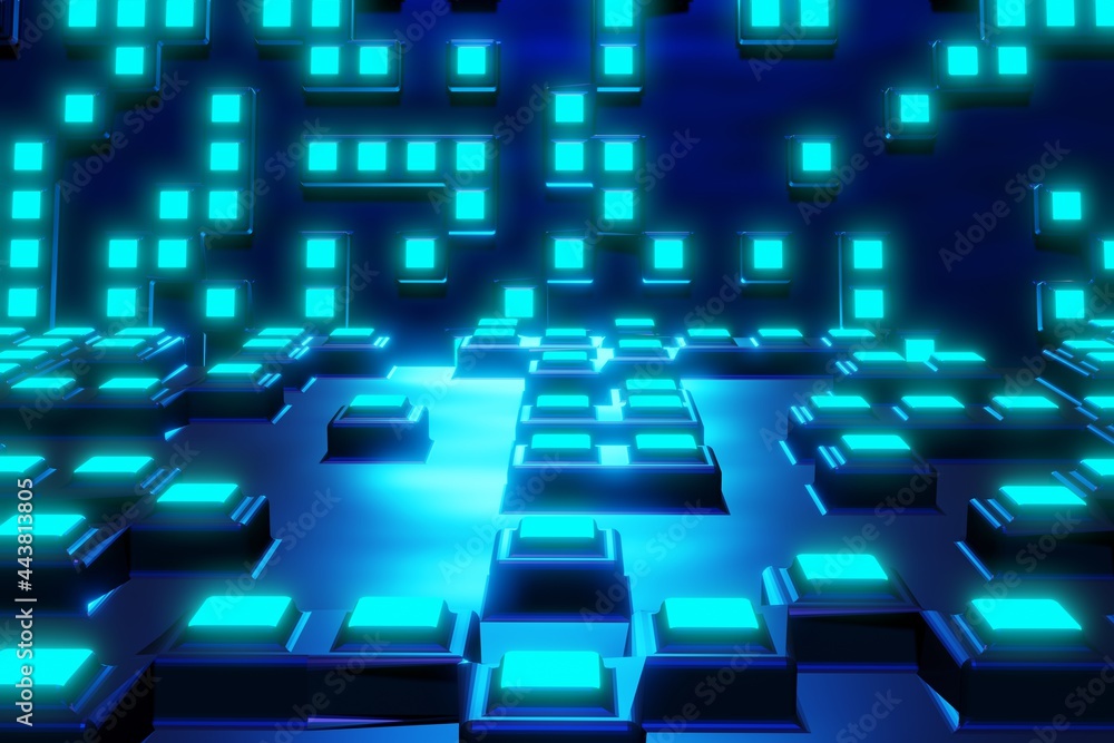 Abstract cube glow blue light effect on dark blue background. 3D rendering. Abstract cube glow blue light effect on dark blue background. 3D rendering.