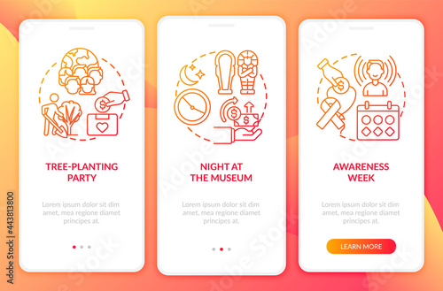 Charity fundraising events onboarding mobile app page screen. Awareness week walkthrough 3 steps graphic instructions with concepts. UI, UX, GUI vector template with linear color illustrations