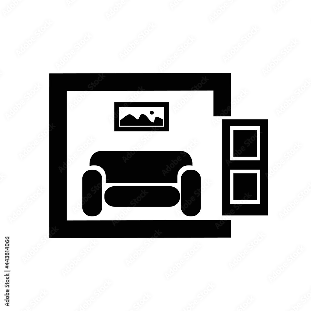 Small cozy apartment or cabinet with sofa and picture in frame. Door open. Vector black pictogpaph oisolated on white. Small cozy apartment or cabinet with sofa and picture in frame. Door open. Vector black pictogpaph oisolated on white.