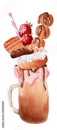Watercolor illustration of delicious coffee in glass beaker overshake
