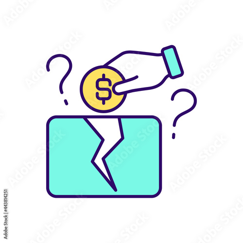 Risky nonprofit fundraiser RGB color icon. Fake charity. Isolated vector illustration. Illegal money collecting. Falsify fundraising campaign. Financial mismanagement simple filled line drawing photo