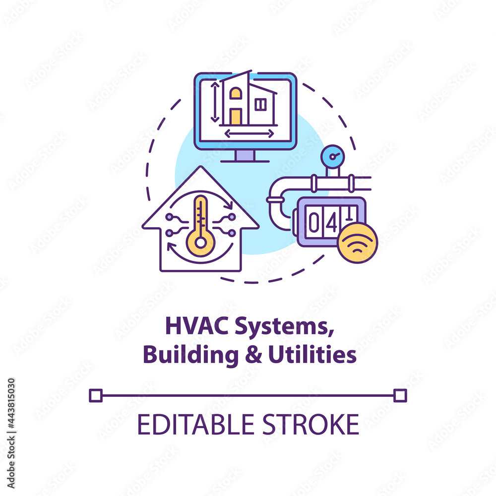 HVAC systems buildings and utilities concept icon. Digital twin application by industry. Smart technologies abstract idea thin line illustration. Vector isolated outline color drawing. Editable stroke HVAC systems buildings and utilities concept icon. Digital twin application by industry. Smart technologies abstract idea thin line illustration. Vector isolated outline color drawing. Editable stroke