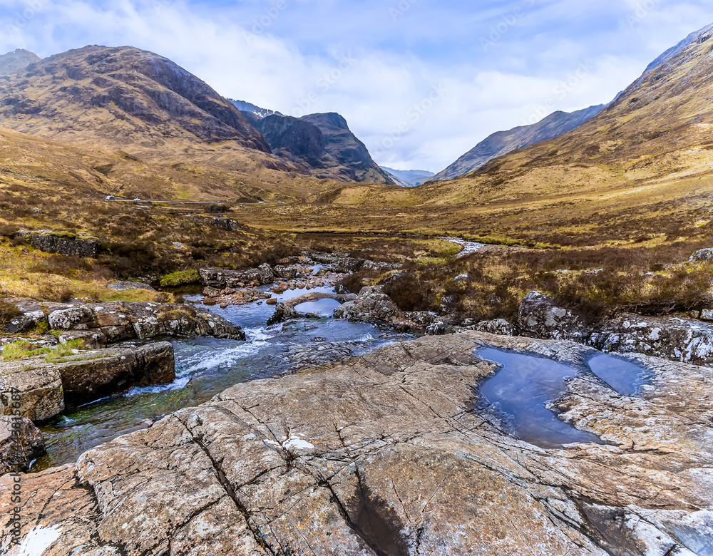 A view down a stream towards Glencoe, Scotland on a summers day A view down a stream towards Glencoe, Scotland on a summers day