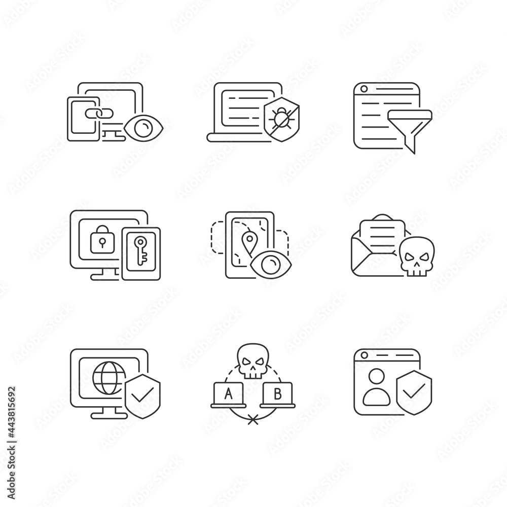 Internet surveillance linear icons set. Cross-device tracking. Anti-malware. Multi-factor authentication. Customizable thin line contour symbols. Isolated vector outline illustrations. Editable stroke Internet surveillance linear icons set. Cross-device tracking. Anti-malware. Multi-factor authentication. Customizable thin line contour symbols. Isolated vector outline illustrations. Editable stroke