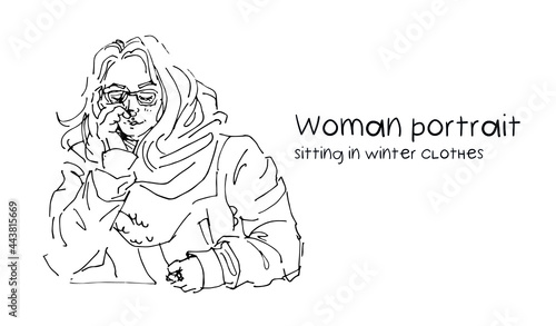 Sketch girl sitting in winter clothes and dreaming