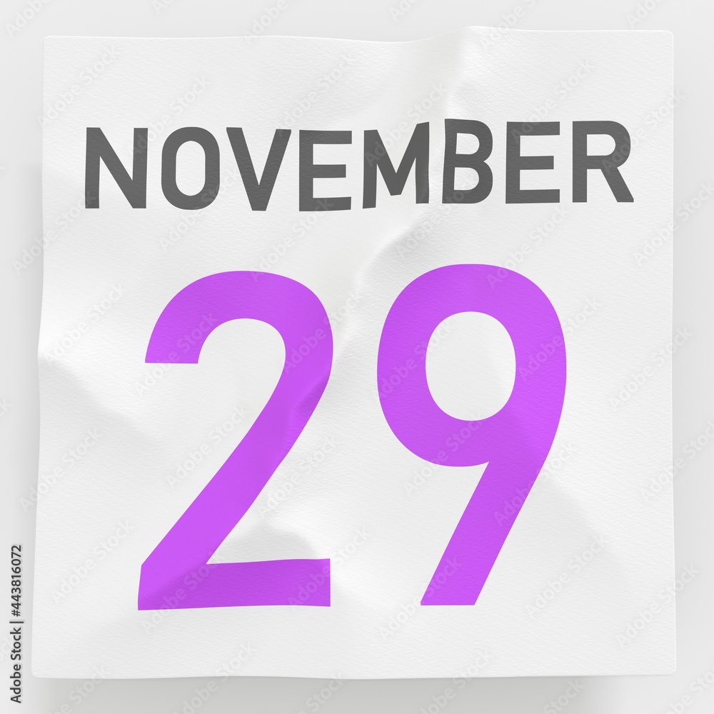 November 29 date on crumpled paper page of a calendar, 3d rendering