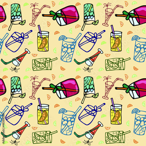 illustration of fresh cocktails seamless pattern, cocktail pattern, beige background