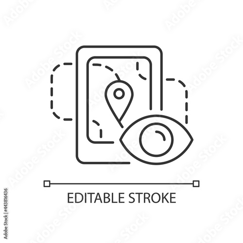 Location tracking linear icon. Trailing people movement through GPS navigation. Map in real-time. Thin line customizable illustration. Contour symbol. Vector isolated outline drawing. Editable stroke