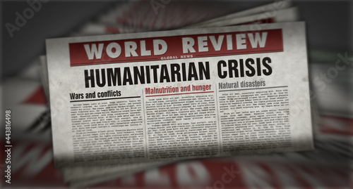 Canvastavla Humanitarian crisis news, famine and hunger disaster retro newspaper illustratio
