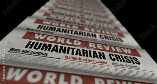 Humanitarian crisis news, famine and hunger disaster retro newspaper illustration photo
