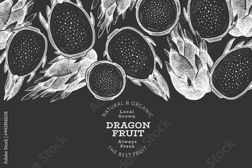 Hand drawn dragon fruit design template. Organic fresh food vector illustration on chalk board. Retro pitaya fruit banner.