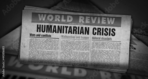 Fotografie Humanitarian crisis news, famine and hunger disaster retro newspaper illustratio