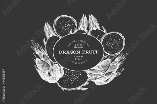 Hand drawn dragon fruit design template. Organic fresh food vector illustration on chalk board. Retro pitaya fruit banner.