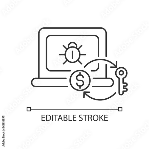 Ransomware linear icon. Encrypting victim files, demanding payment. Malicious software. Thin line customizable illustration. Contour symbol. Vector isolated outline drawing. Editable stroke