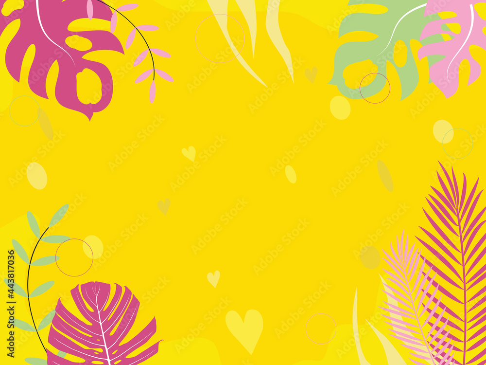 The tropics banner. Tropical leaves and plants are pink and green on a yellow background. Isolated vector illustration for design and web. The tropics banner. Tropical leaves and plants are pink and green on a yellow background. Isolated vector illustration for design and web.