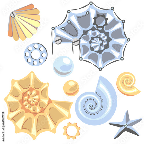 Set of abstract sea shells, starfish, pearl on white background. Steampunk style. Metal mechanical sea creatures. Cartoon illustration.