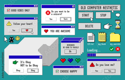 Old computer aestethic 1980s -1990s. Set with retro pc elements, user interface, icons and technology illustrations.