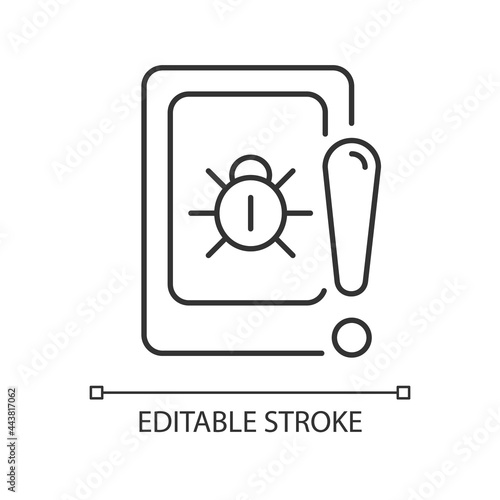 Cell phone bugging linear icon. Tracking mobile device secretly. Unauthorized access. Thin line customizable illustration. Contour symbol. Vector isolated outline drawing. Editable stroke
