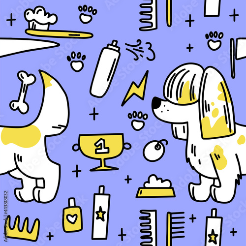 Dog grooming pattern. Dog grooming. Groomer. Grooming tools. Doodle pattern. For backgrounds, packaging, textile and various other designs.