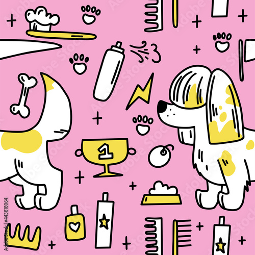 Dog grooming pattern. Dog grooming. Groomer. Grooming tools. Doodle pattern. For backgrounds, packaging, textile and various other designs.