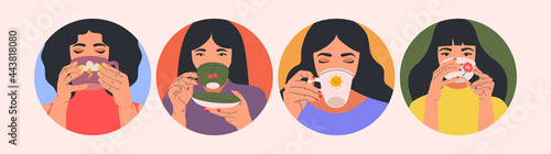 Set of beautiful women drinking cup of a tea. Trendy vector illustration.