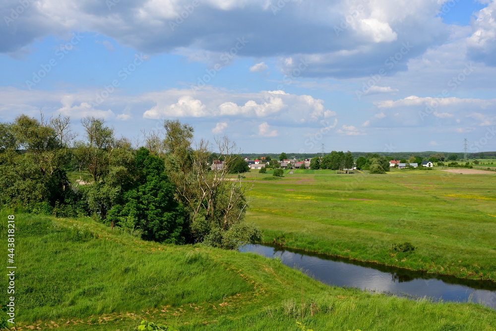 A view of a shallow yet vast river or lake flowing through vast fields, meadows, or pasturelands covered with grass, crops, herbs, and trees seen on a cloudy summer day on a Polish countryside