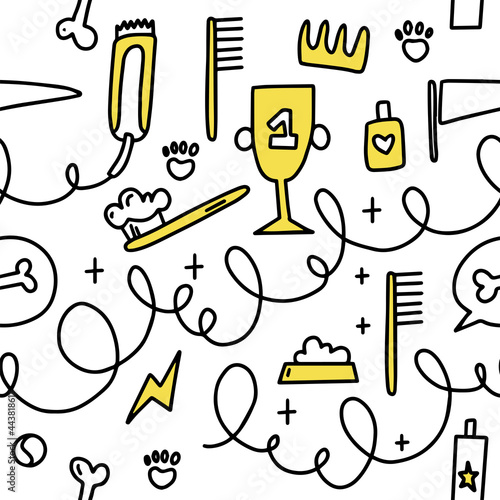 Dog grooming pattern. Dog grooming. Groomer. Grooming tools. Doodle pattern. For backgrounds, packaging, textile and various other designs.