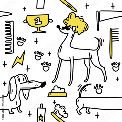 Dog grooming pattern. Dog grooming. Groomer. Grooming tools. Doodle pattern. For backgrounds, packaging, textile and various other designs.