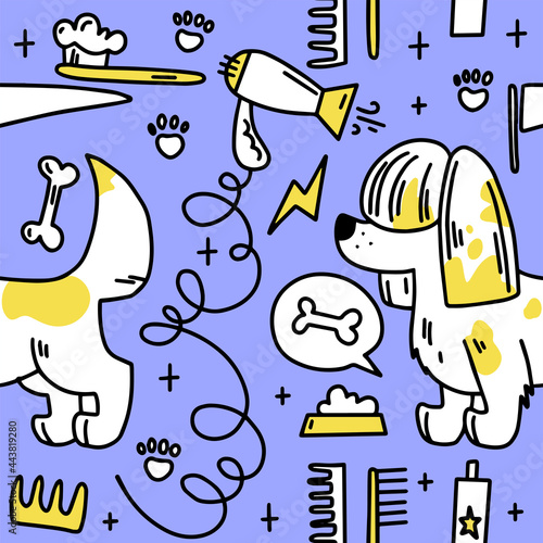 Dog grooming pattern. Dog grooming. Groomer. Grooming tools. Doodle pattern. For backgrounds, packaging, textile and various other designs.