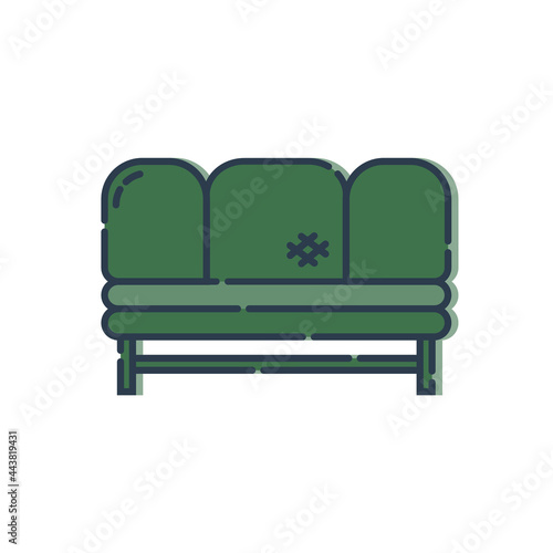 Comfortable sofa with three pillows. Image of couch in line art style. Element furniture of the interior. Modern stylish object for relaxation. Flat illustration with settee on white background