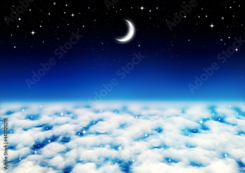 三日月と星空と雲海（青と水色）