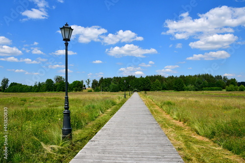 A close up on a wooden path leading to a destination through fields, meadows, and pasturelands with decorative metal lamps located along the way seen on a Polish countryside on a sunny summer day photo