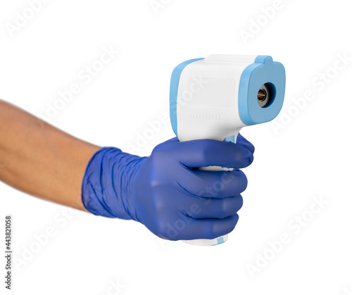 Digital non contact wireless infrared thermometer on hand isolated on white background front view (ID: 443821058)