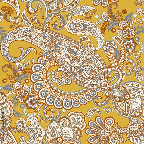 Paisley vector seamless pattern. Fantastic flower, leaves. Batik style painting. Vintage background