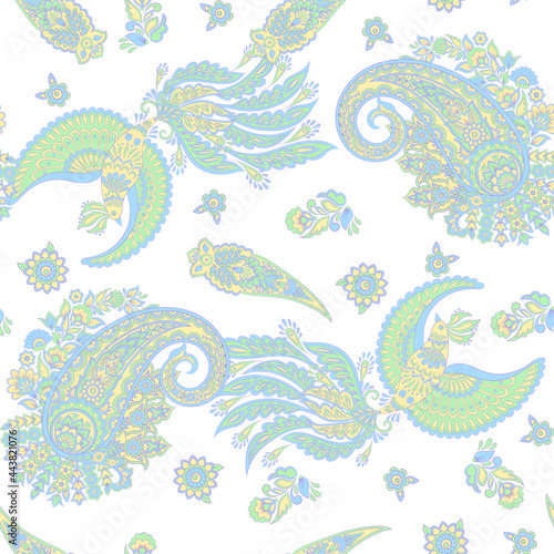 Flying Bird seamless vector pattern. damask paisley floral background