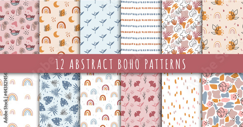 Boho abstract seamless pattern or digital paper bundle, Simple geometric and floral background in bohemian style, modern abstract simple shapes texture 