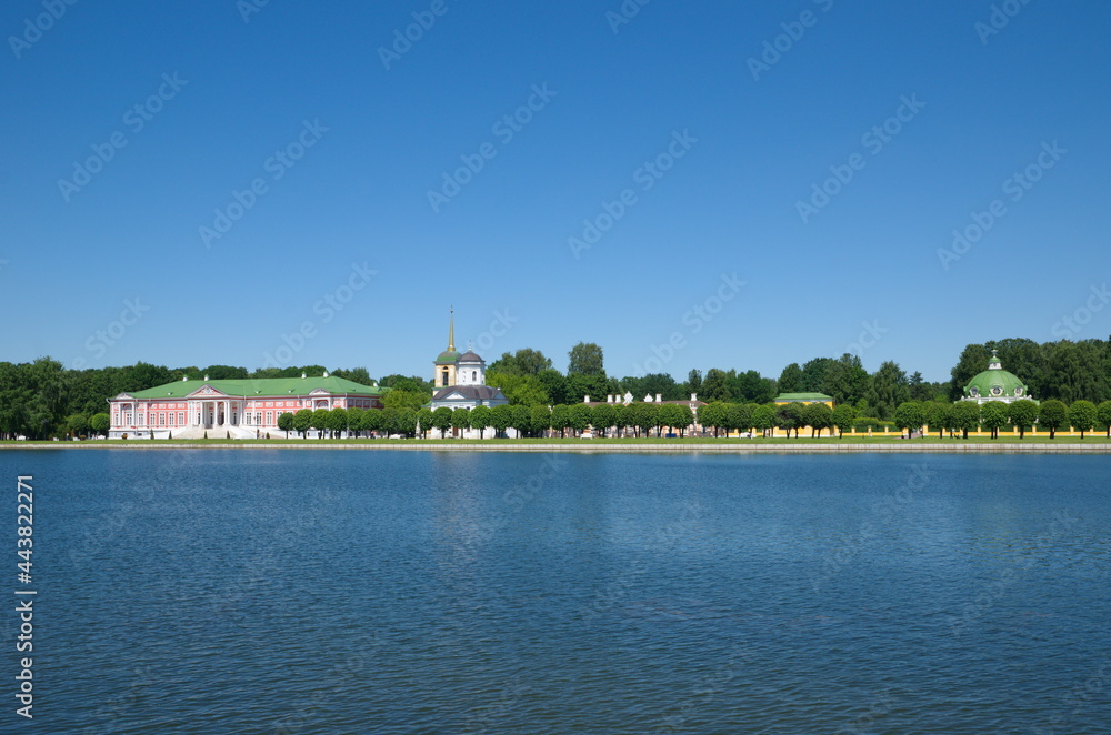Moscow, Russia - June 17, 2021: The architectural ensemble of the Kuskovo estate and the Big Palace Pond