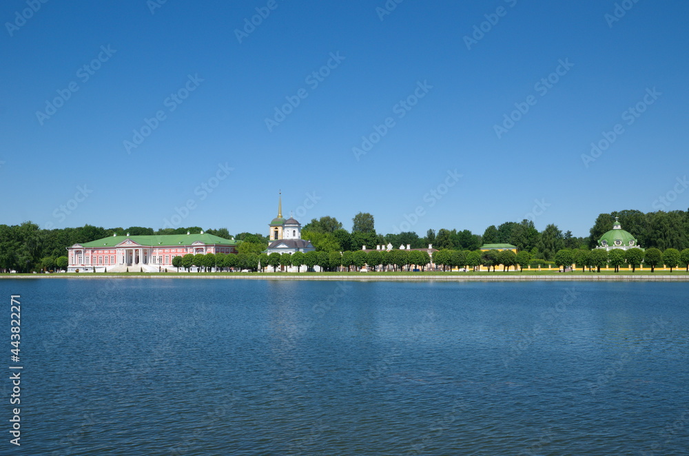 Moscow, Russia - June 17, 2021: The architectural ensemble of the Kuskovo estate and the Big Palace Pond Moscow, Russia - June 17, 2021: The architectural ensemble of the Kuskovo estate and the Big Palace Pond