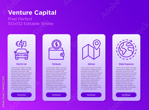 Venture capital mobile user interface with thin line icons set. Electric car, dividends, global expansion. Pixel perfect, editable stroke. Vector illustration.